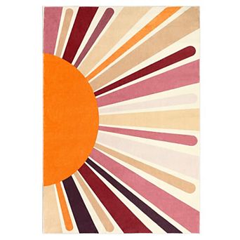 Retro Sunburst Area Rug Machine Washable Non Slip Low Pile Floor Cover for Kid's Room Playroom