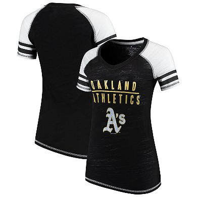 Women's Soft as a Grape Black Oakland Athletics Color Block V-Neck T-Shirt