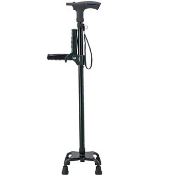 Height Adjustable Quad Cane Anti-Slip Quad Base, Flashlight & Retractable Spring Handle