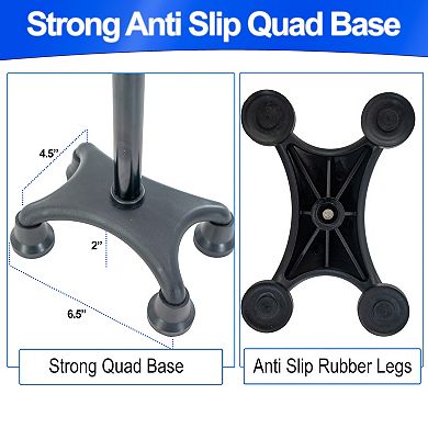 Height Adjustable Quad Cane Anti-Slip Quad Base, Flashlight & Retractable Spring Handle
