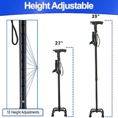 Height Adjustable Quad Cane Anti-Slip Quad Base, Flashlight & Retractable Spring Handle