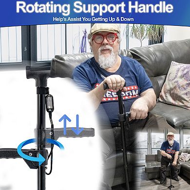 Height Adjustable Quad Cane Anti-Slip Quad Base, Flashlight & Retractable Spring Handle