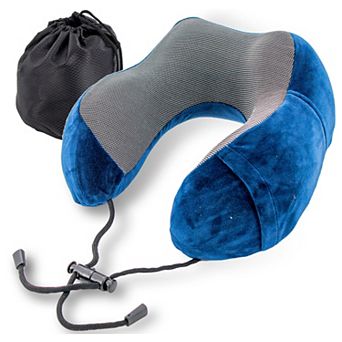 Memory Foam Travel Neck Pillow - Orthopedic Contour with Cooling Mesh and Phone Pocket