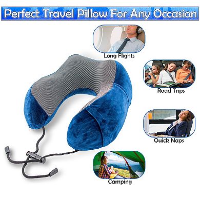 Memory Foam Travel Neck Pillow - Orthopedic Contour with Cooling Mesh and Phone Pocket