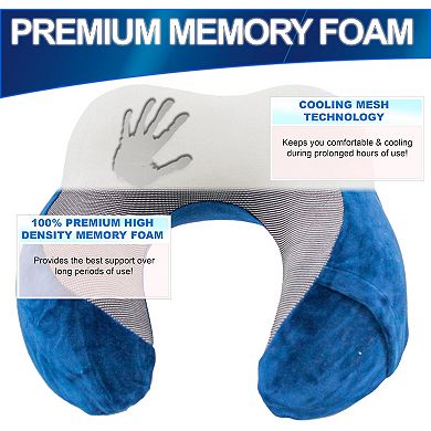 Memory Foam Travel Neck Pillow - Orthopedic Contour with Cooling Mesh and Phone Pocket