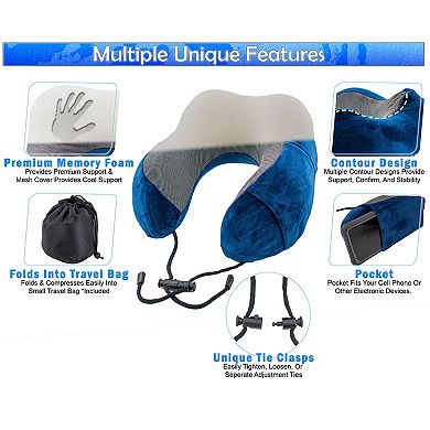 Memory Foam Travel Neck Pillow - Orthopedic Contour with Cooling Mesh and Phone Pocket