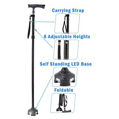 Foldable Quad Cane with LED Light Adjustable 34-39 in Height, Self-Standing Anti-Slip Base