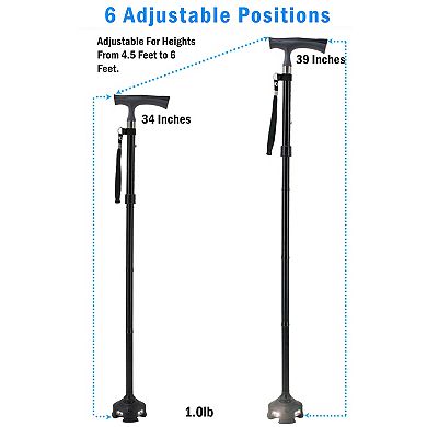 Foldable Quad Cane with LED Light Adjustable 34-39 in Height, Self-Standing Anti-Slip Base