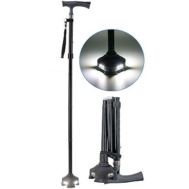 Foldable Quad Cane with LED Light Adjustable 34-39 in Height, Self-Standing Anti-Slip Base