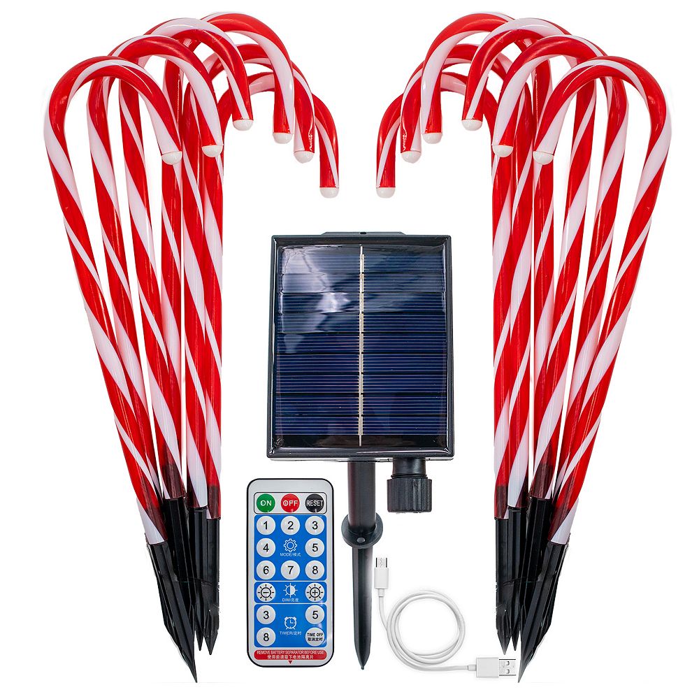 Solar Candy Cane Pathway Lights - 12-Piece LED Set with Remote for ...
