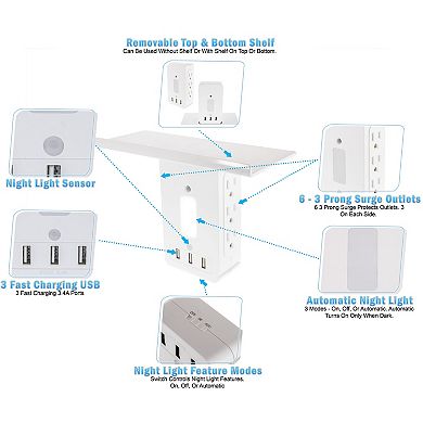 Surge Protector Power Strip with Removable Shelf 6 Outlets 3 Fast Charging USB Auto Night Light