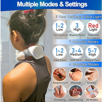 Shiatsu Neck Massager with Heat & Red Light Therapy 6 Modes, 7 Intensities, USB Rechargeable