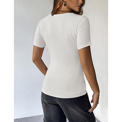 Women's Casual Crew Neck Front Button Up Ribbed Fabric Fitted T-Shirt