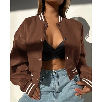 Women's PU Leather Bomber Jacket Long Sleeve Ribbed Cuff Baseball Collar Fall Winter Cropped Coats
