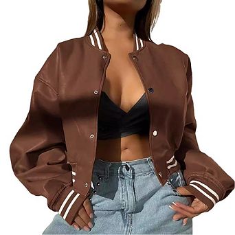 Women's PU Leather Bomber Jacket Long Sleeve Ribbed Cuff Baseball Collar Fall Winter Cropped Coats