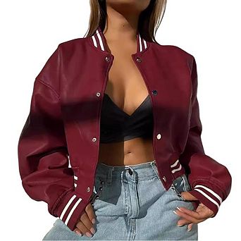 Women's PU Leather Bomber Jacket Long Sleeve Ribbed Cuff Baseball Collar Fall Winter Cropped Coats