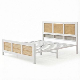 Rattan Bed Frame with Headboard Boho Platform Bed