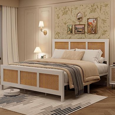 Rattan Bed Frame with Headboard Boho Platform Bed