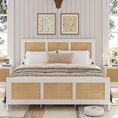 Rattan Bed Frame with Headboard Boho Platform Bed