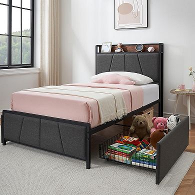 Power Source Bed Iron Wood Soft Pack Drawer Bed