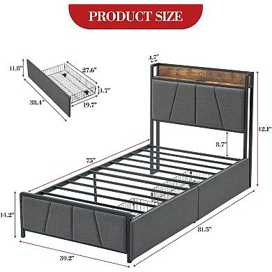 Power Source Bed Iron Wood Soft Pack Drawer Bed
