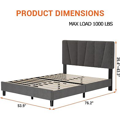 Bed Frame with Twill Tufted Headboard and Wooden Slats