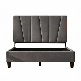 Bed Frame with Twill Tufted Headboard and Wooden Slats