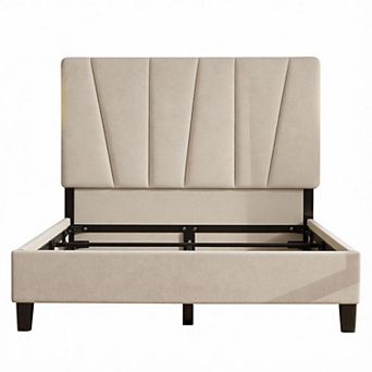 Bed Frame with Twill Tufted Headboard and Wooden Slats