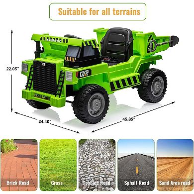 12V Kids Construction Dump Truck Ride-On, Remote Control, Dumping Bed, LED Lights