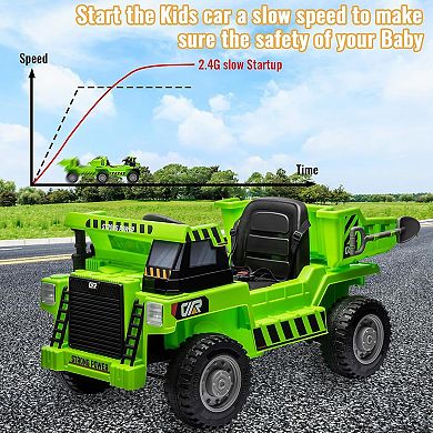12V Kids Construction Dump Truck Ride-On, Remote Control, Dumping Bed, LED Lights