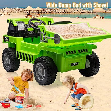12V Kids Construction Dump Truck Ride-On, Remote Control, Dumping Bed, LED Lights