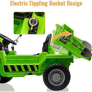12V Kids Construction Dump Truck Ride-On, Remote Control, Dumping Bed, LED Lights