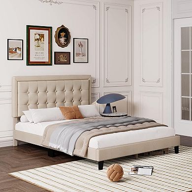 Upholstered Platform Bed with Button Tufted Headboard