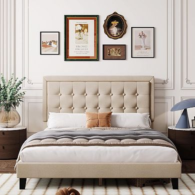 Upholstered Platform Bed with Button Tufted Headboard