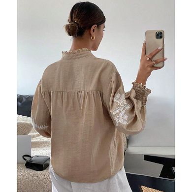 Women's Vacation Casual Embroidered Button Down Shirt