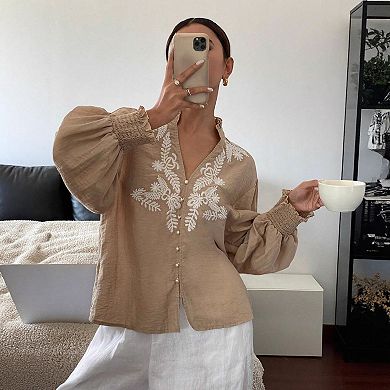 Women's Vacation Casual Embroidered Button Down Shirt