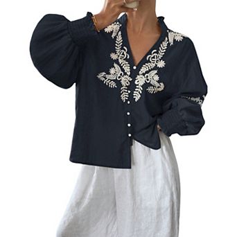 Women's Vacation Casual Embroidered Button Down Shirt