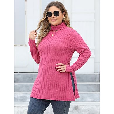 Women Turtleneck Plus Size Sweaters Long Sleeve Ribbed Knit Pullover Sweater Side Split Jumper