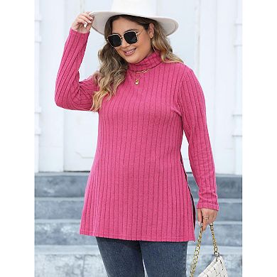 Women Turtleneck Plus Size Sweaters Long Sleeve Ribbed Knit Pullover Sweater Side Split Jumper