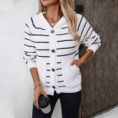 Women's Striped Hooded Cardigan Casual Long Sleeve Button Open Front Knit Sweater