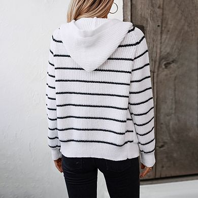 Women's Striped Hooded Cardigan Casual Long Sleeve Button Open Front Knit Sweater