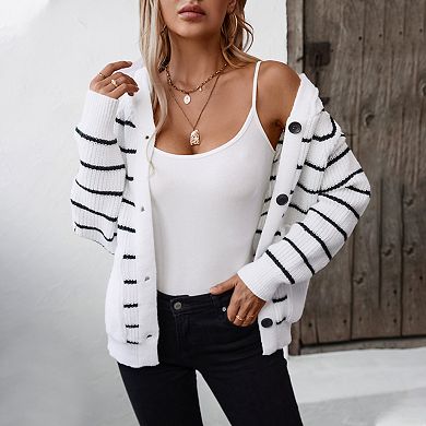 Women's Striped Hooded Cardigan Casual Long Sleeve Button Open Front Knit Sweater