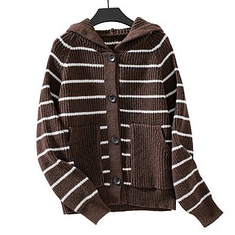 Women's Striped Hooded Cardigan Casual Long Sleeve Button Open Front Knit Sweater