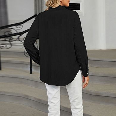Women's Button Down Shirts Long Sleeve Dress Shirt Textured Collared Work Blouse with Pocket