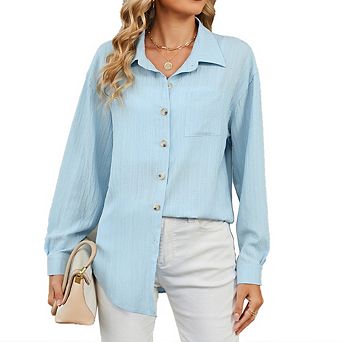 Women's Button Down Shirts Long Sleeve Dress Shirt Textured Collared Work Blouse with Pocket