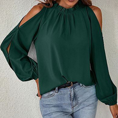 Women's Cold Shoulder Blouse Ruffle Neckline Long Sleeve Top Elegant Casual Shirt