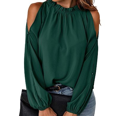 Women's Cold Shoulder Blouse Ruffle Neckline Long Sleeve Top Elegant Casual Shirt