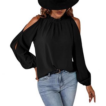 Women's Cold Shoulder Blouse Ruffle Neckline Long Sleeve Top Elegant Casual Shirt