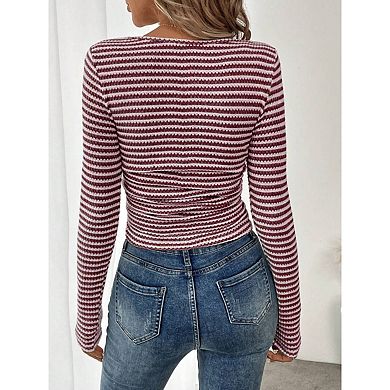 Women's Striped Square Neck Shirts Casual Long Sleeve Pullover Tops Color Block Ribbed Knit Blouse