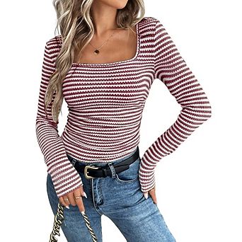 Women's Striped Square Neck Shirts Casual Long Sleeve Pullover Tops Color Block Ribbed Knit Blouse